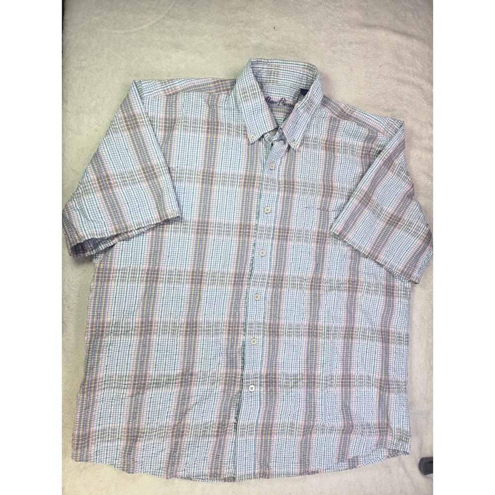 Alan Flusser Shirt Mens XL Pastel Seersucker Plaid Short Sleeve Button Up Casual